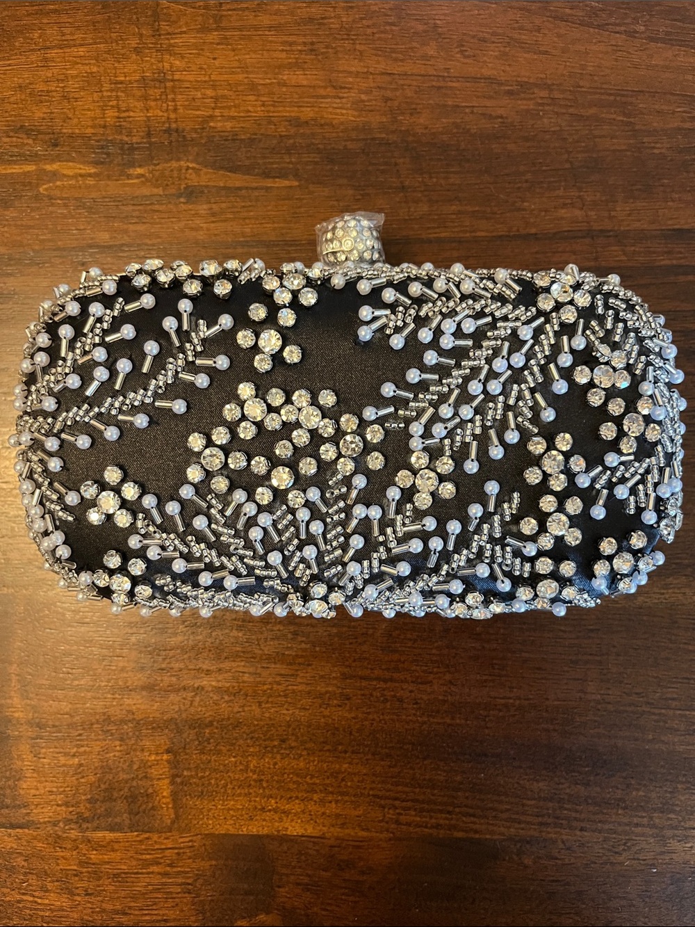 Embellished Black Evening Clutch with Silver Crystal Accents on a long chain